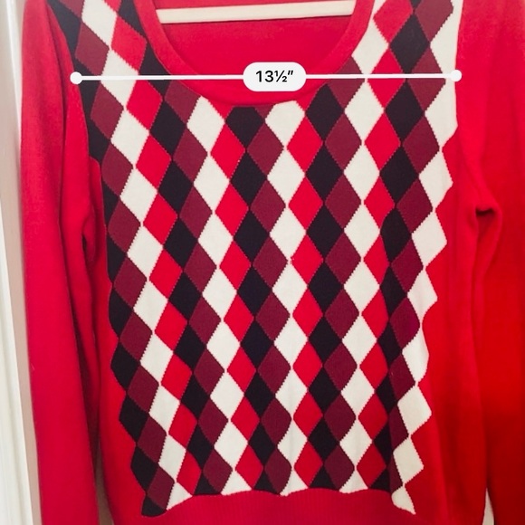 Argyle Checkered Preppy Size L Sweater Liz Claiborne Long Sleeved Red 100% Cotto - Picture 9 of 9